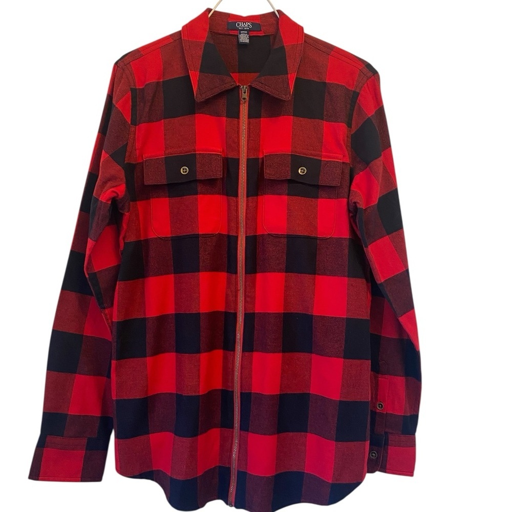 CHAPS Women's size Small  Red Black Buffalo Plaid  full Zip-Up Shirt shacket